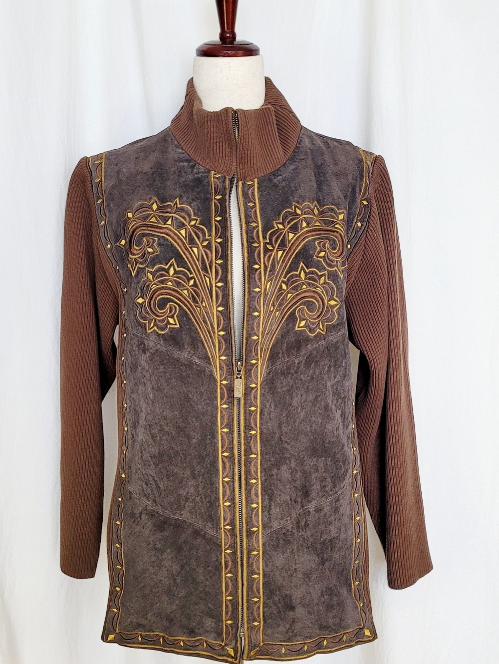 Bob Mackie Wearable Art Leather Suede Full Zip Long Sleeve Sweater Jacket Sz 1X